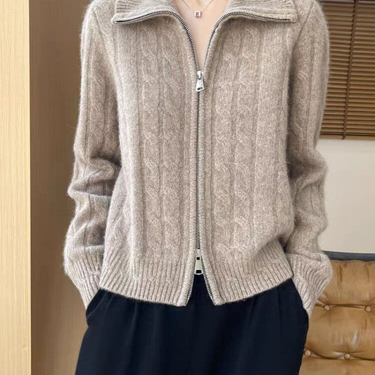 Womens Twist-Open Cardigan With Double Zippers And Lapel Collar