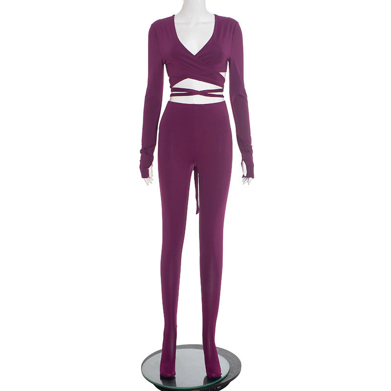 Sexy Cutout Lace-Up Long-Sleeve Top And Pants Set For Curvy
