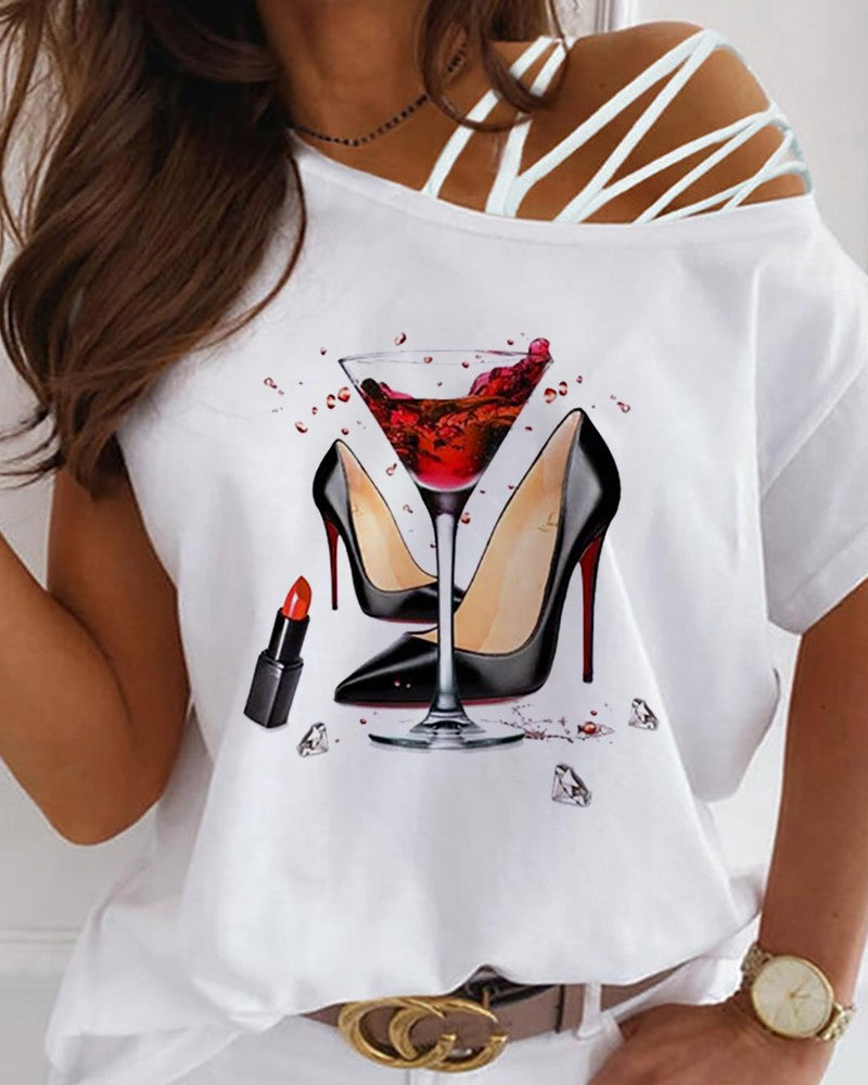 Off-shoulder T-shirt med print