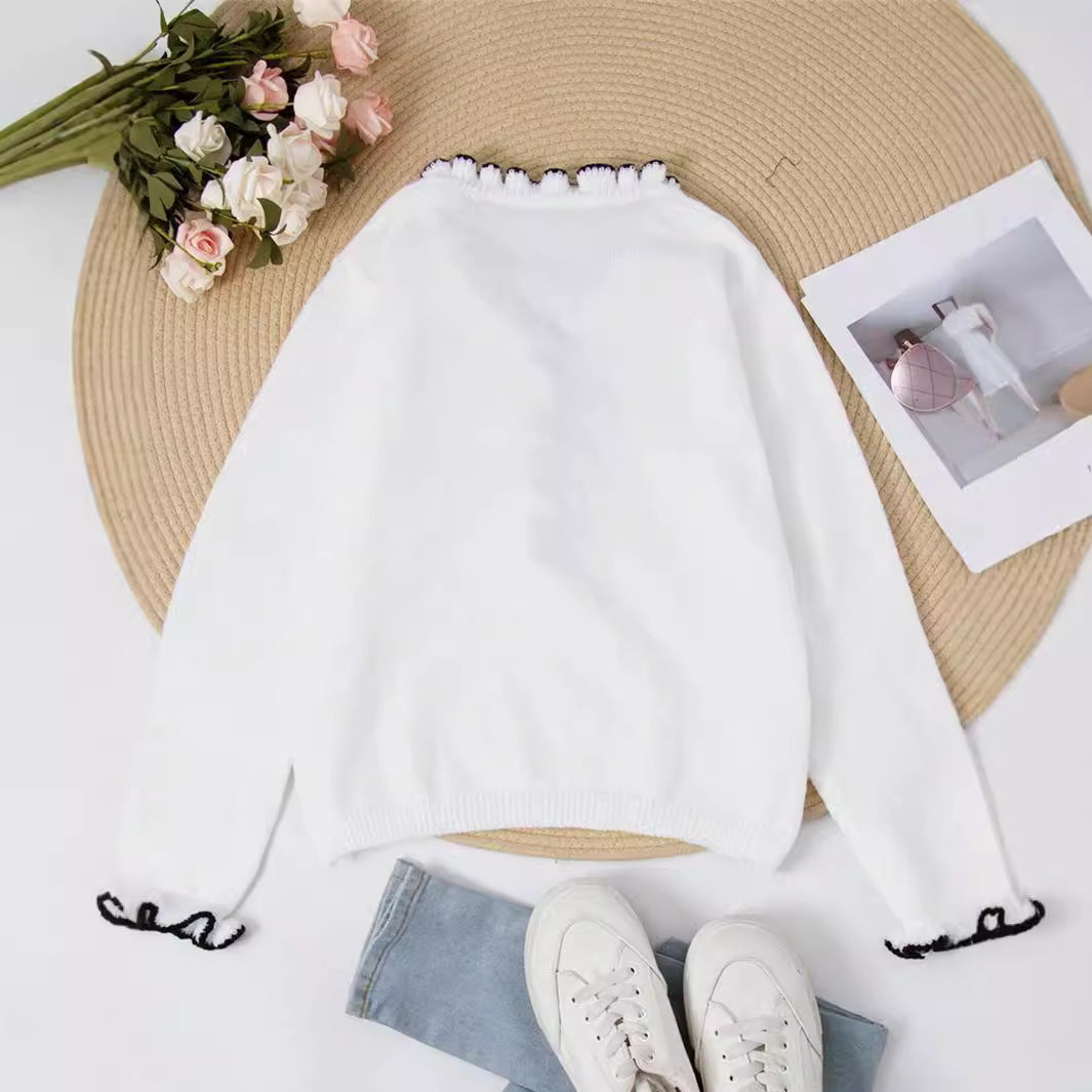 Fashion Color Contrast Wooden Ear Pearl Button Long Sleeve V-neck Sweater Pullover