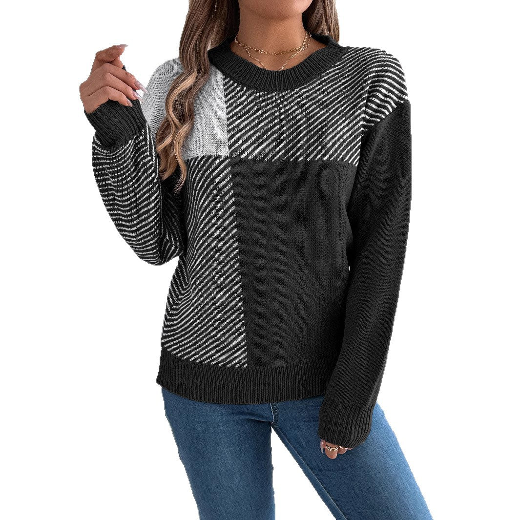Casual Color-Block Plaid Long-Sleeve Pullover Sweater