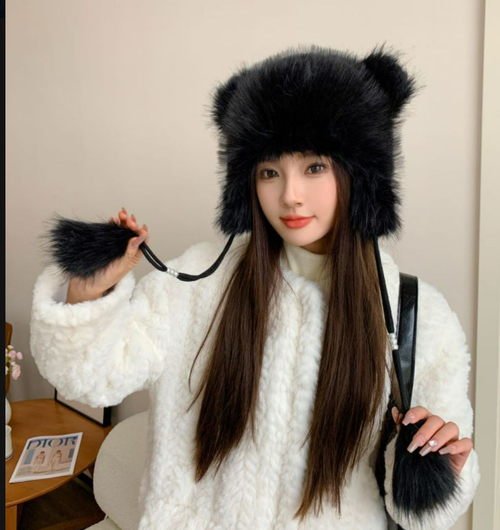 Winter Earflaps Thick Plush Women Cute Bear Ears Hanging Ball Thermal Head Cover Beanie Hat