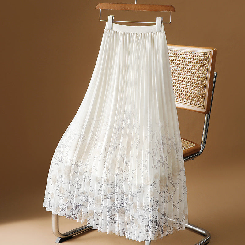 New Floral Chiffon Skirt Mid-length Flowing And Pleated