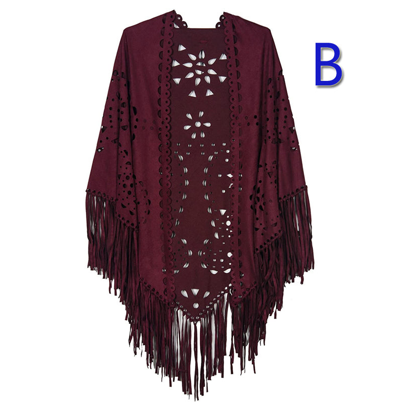Stretch Suede Fringed Shawl Cape All-match