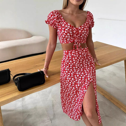 Womens Retro Lace-up Top And Skirt Set