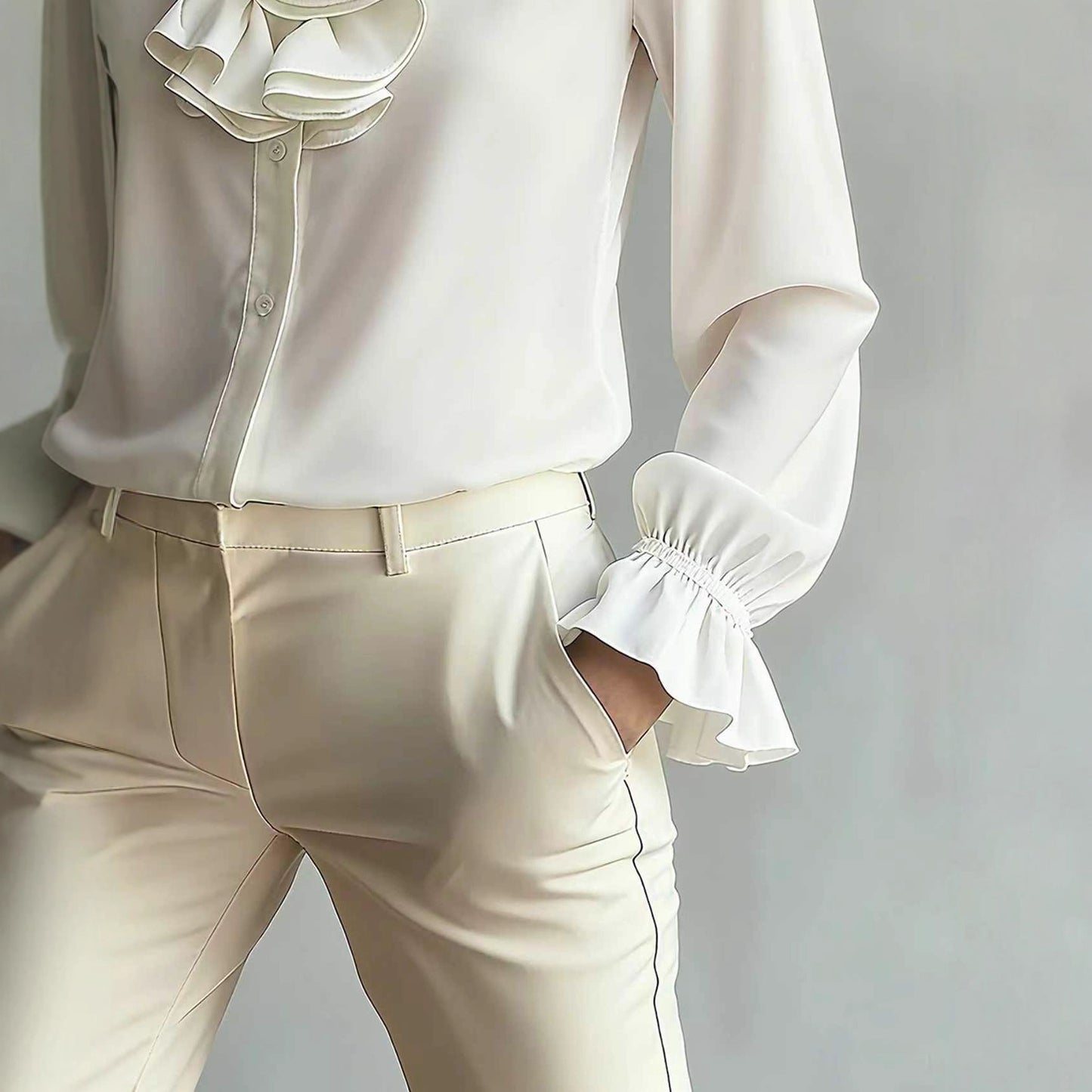 Casual Loose-neck Plain-colored Ruffled Collar Shirt