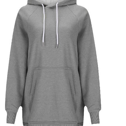 Dame ensfarvet sweater med hætte, slidser ved skuldrene og ærmer