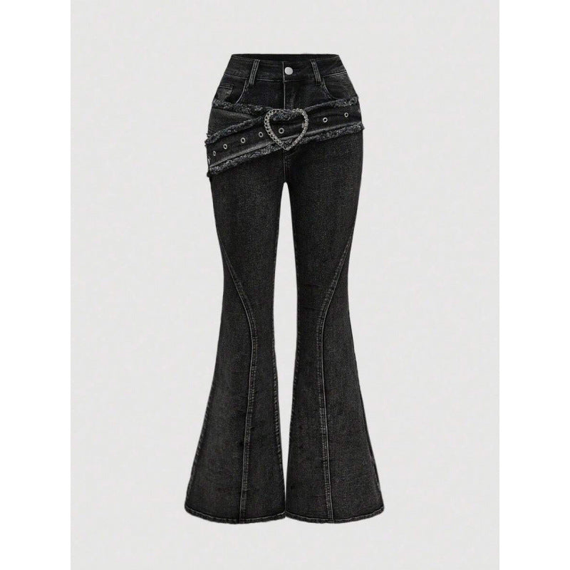 Punk-style Vintage Metal Heart-shaped Belt Frayed-edge Jeans