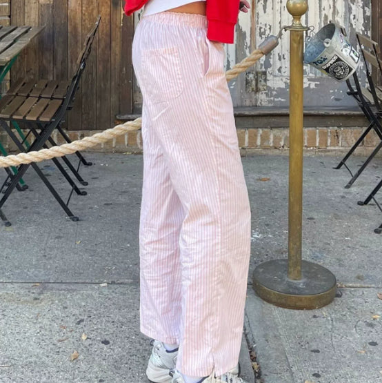 Striped Printed Elastic Waist Drawstring Pocket Straight Casual Trousers