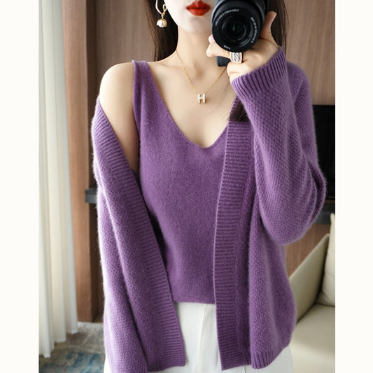 Knitted Cardigan Two-piece Sling Temperament V-neck Sweater