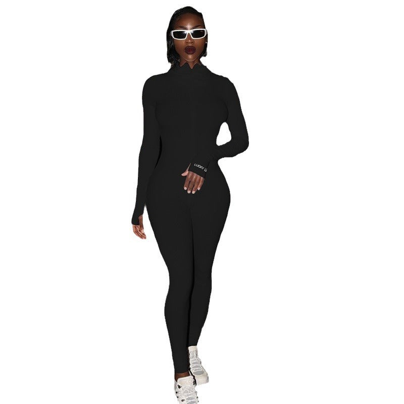 Dame lynlås stretch rullekrave og broderet slim fit fitness jumpsuit yogasæt