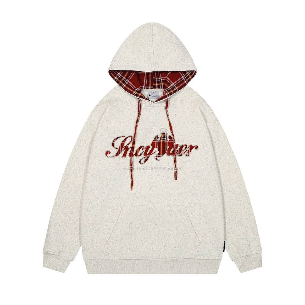 Plaid Applique Letters Hooded Sweater