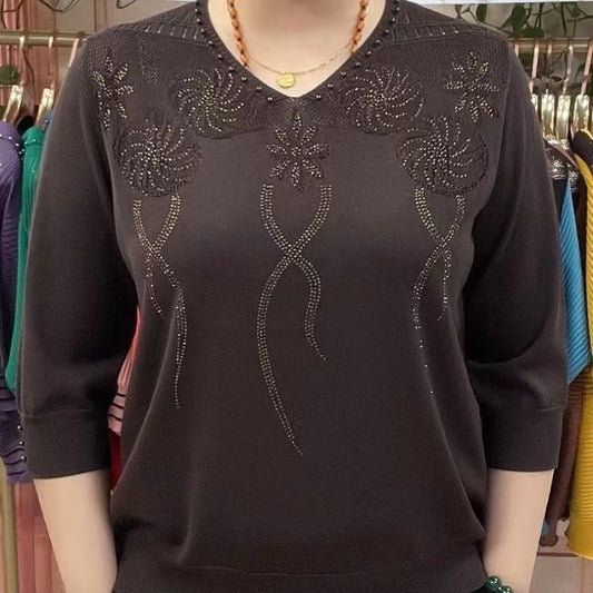 Fashion Ice Silk Sweater Three-quarter Sleeve Pullover Top For Women