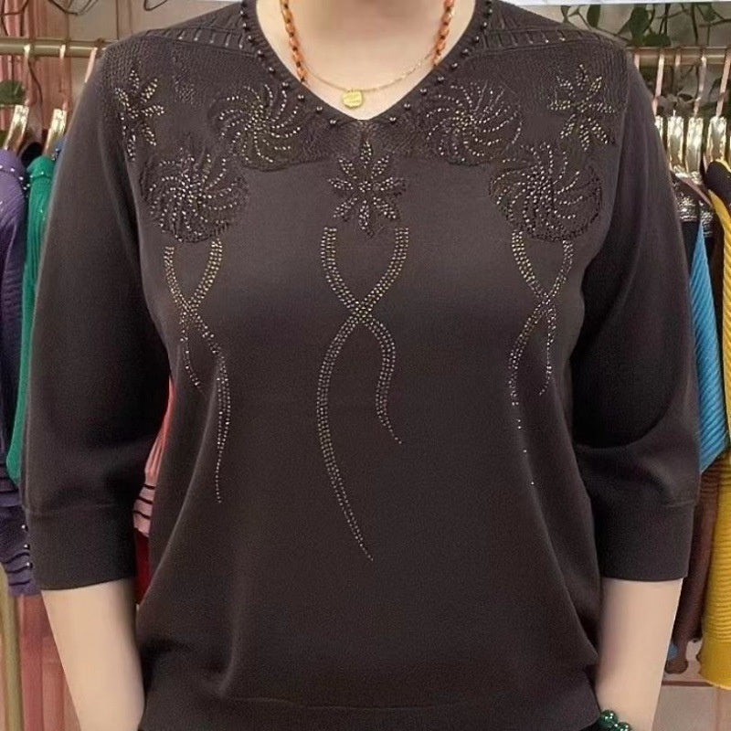 Fashion Ice Silk Sweater Three-quarter Sleeve Pullover Top For Women