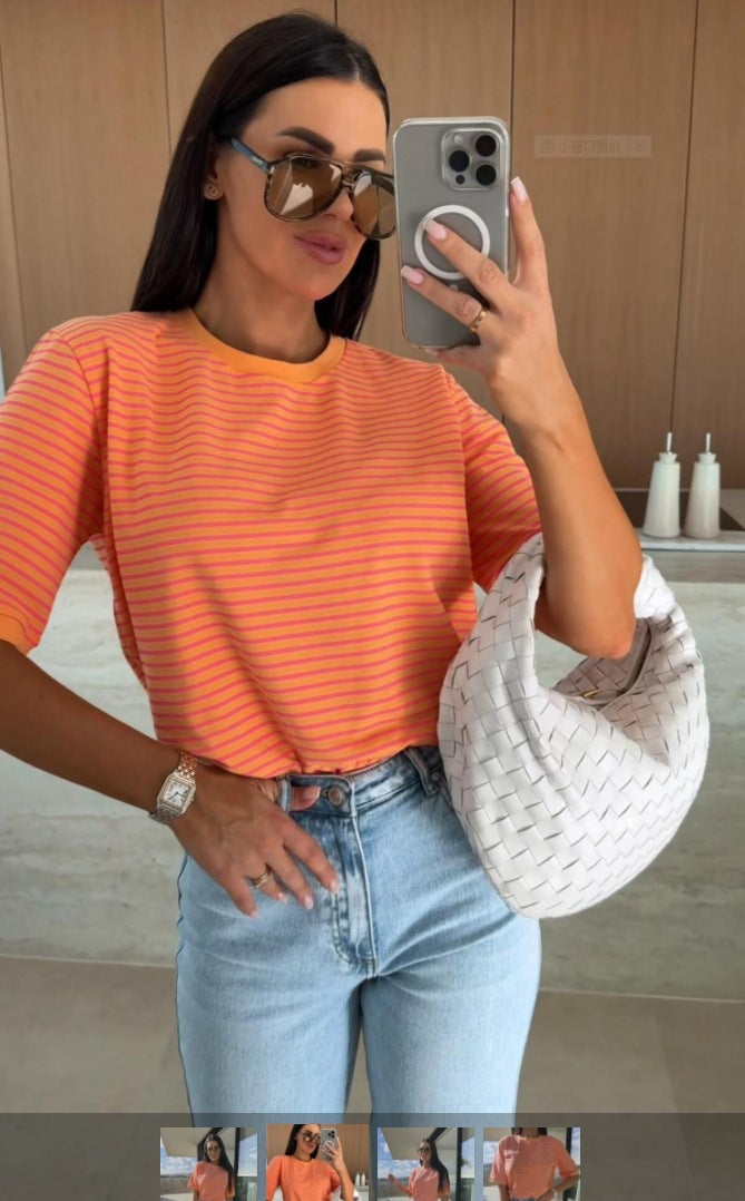 Summer Casual Striped Round Neck Loose Color Matching Short Sleeve