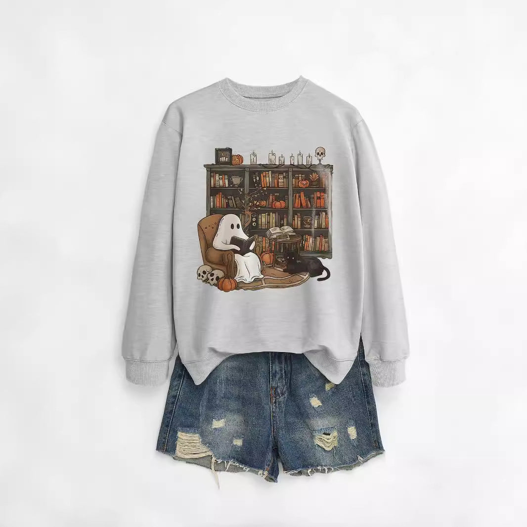Printed Bookshelf Ghost Black Cat Round Neck Sweater