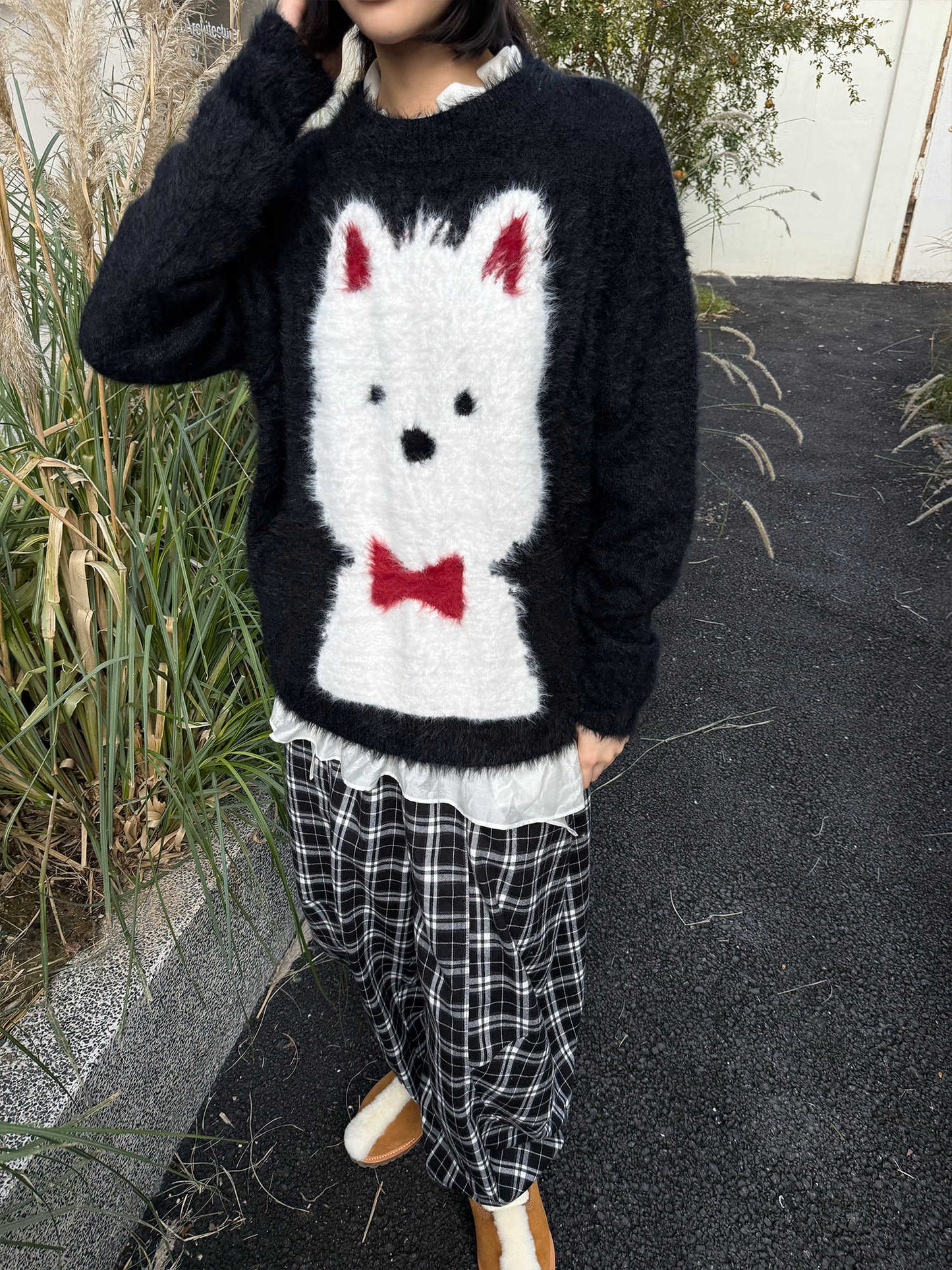 White Red Bow Tie Fur Dog Black Sweater