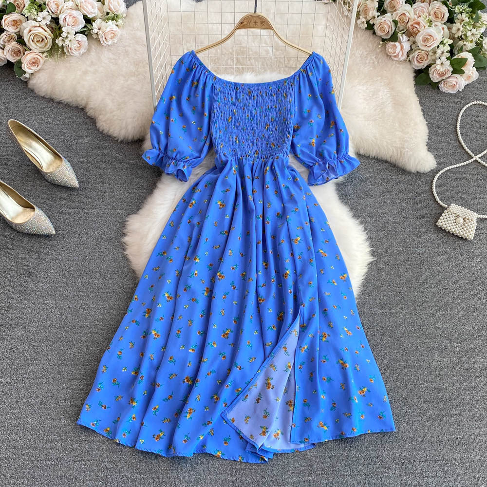 Bubble Short Sleeve Waist Wrapped Slim Split Dress
