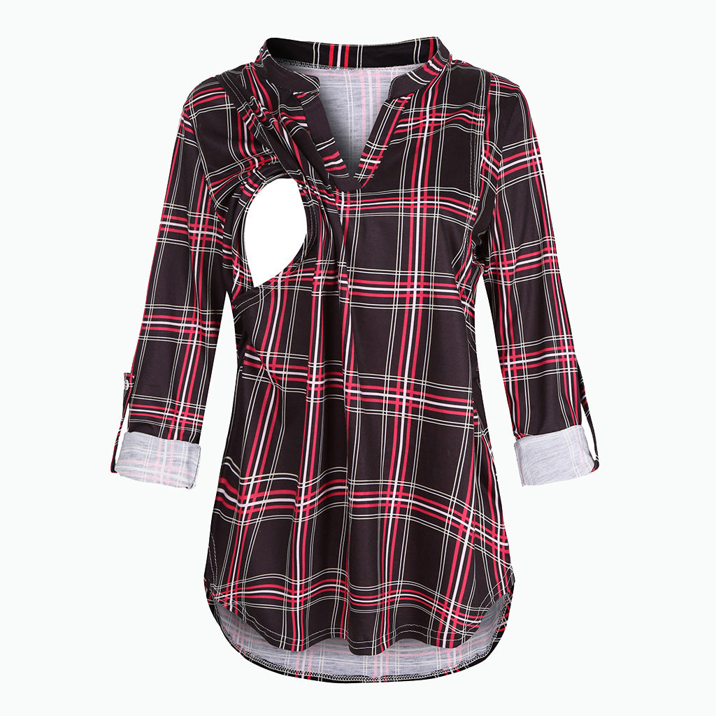 Plaid Printed Pregnant Woman Breastfeeding V-neck Long Sleeve Top