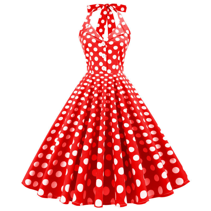 Womens Polka-Dot Halterneck Mid-Length Maxi Dress With Open Back