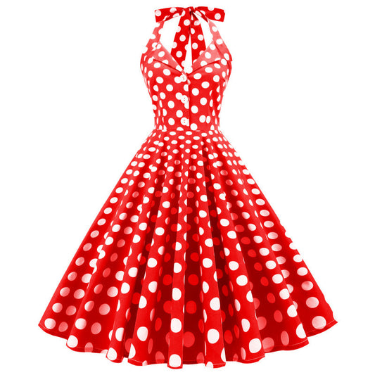 Womens Polka-Dot Halterneck Mid-Length Maxi Dress With Open Back