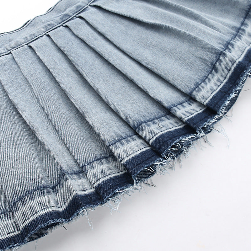 Casual High Waist Pleated Denim Skirt For Women