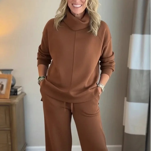 Solid Color Hooded High-neck Top Casual Women's Two-piece Set