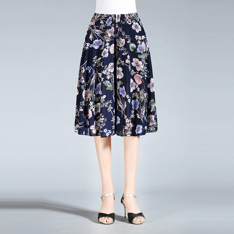 Summer Middle-aged And Elderly Women's Floral Elastic Waist Culottes