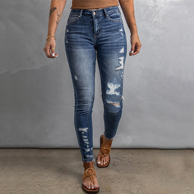 Casual Dame Højtaljede Jeans med Rå Kanter og Vasket Look