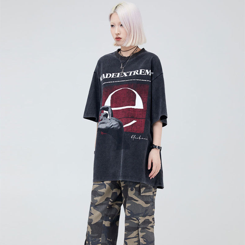 Street Printing Men's Clothing Washed And Worn Loose Casual Short Sleeve