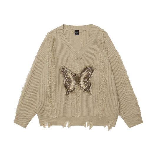 Butterfly Destroyed Frayed Knitted Worn Design V-neck Sweater