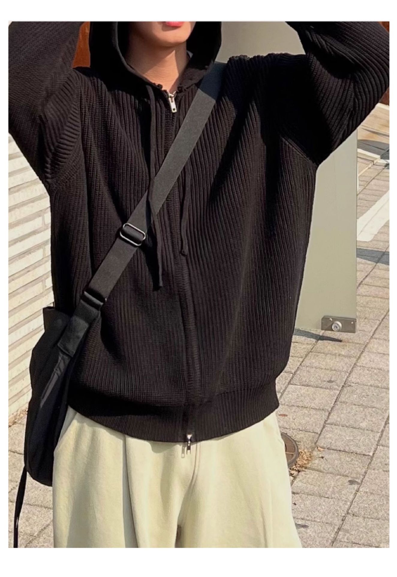 Mens AutumnWinter Knitted Sweater Jacket With Double Zippers And A Hood