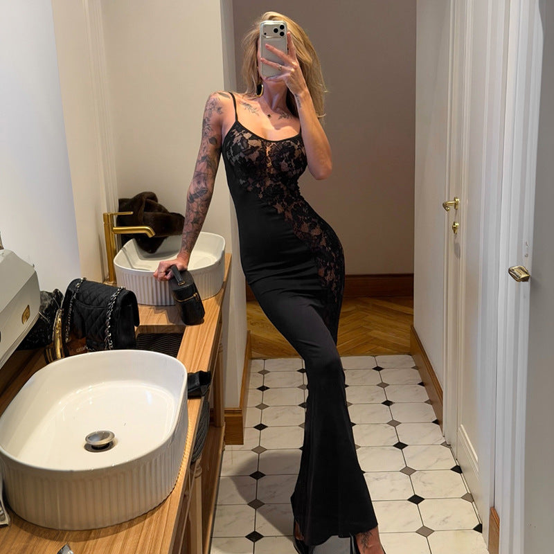 Solid-color Sleeveless Sexy Lace-spliced Slip Bodycon Maxi Dress
