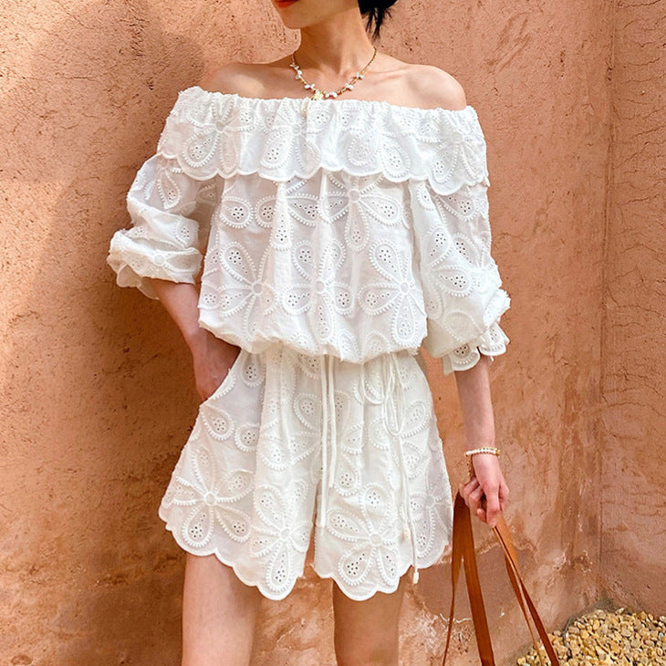Off-Shoulder Top And Womens Long-Sleeve Hollow-Out Shorts Set
