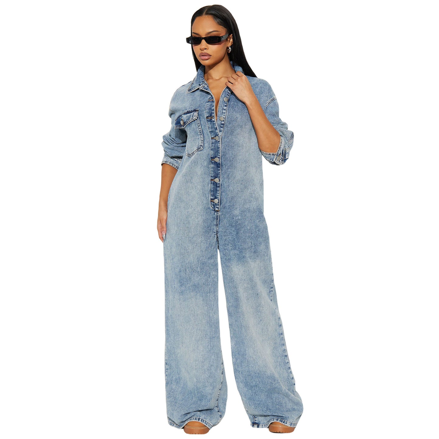 Stretchy Flared-leg Washed Denim Jumpsuit With Long Sleeves