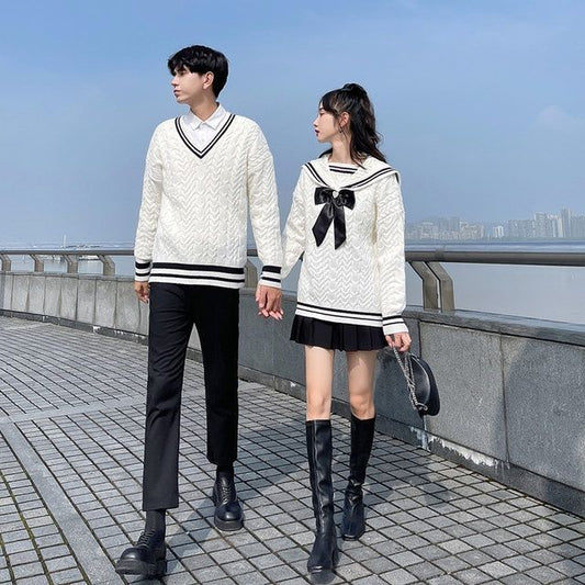 New Japanese-style Color-blocked Round-neck Thick Fairy Sweater In White