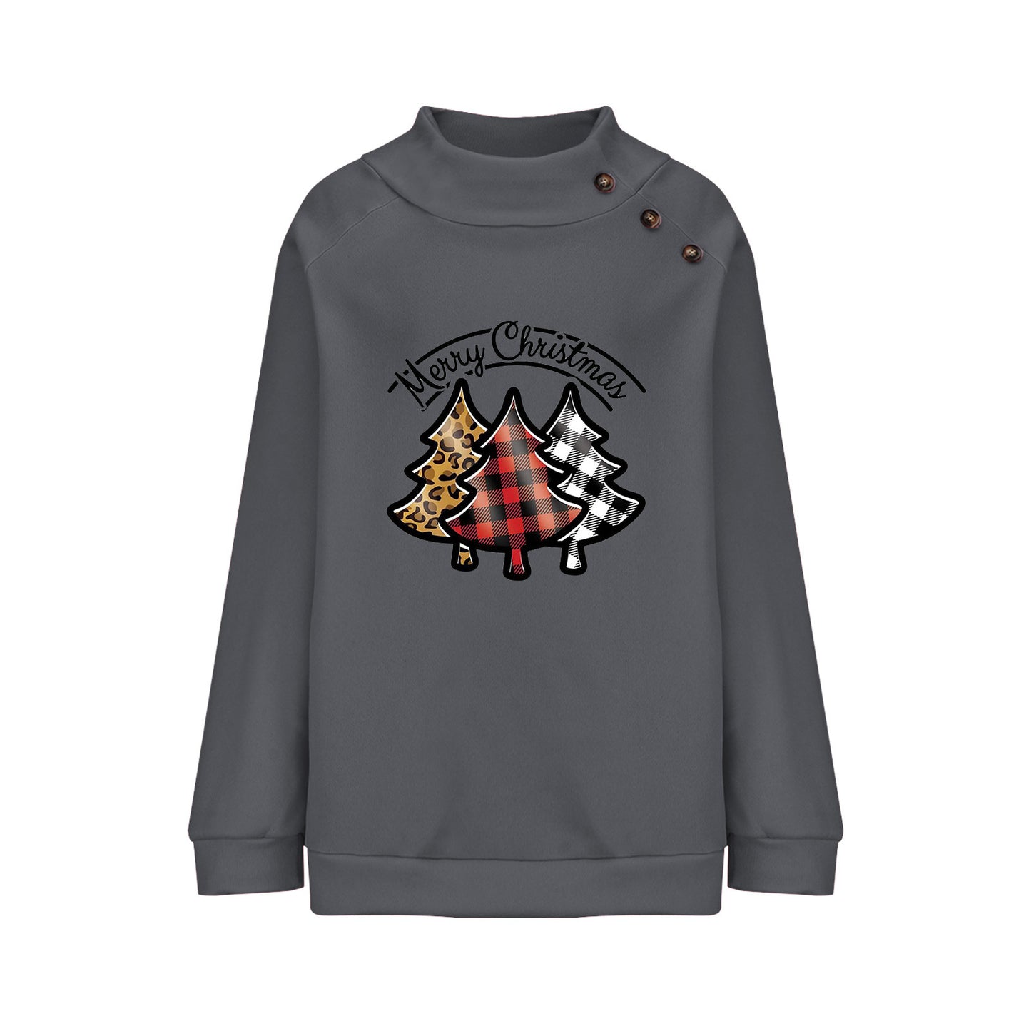 Cartoon Turtleneck Buttons Christmas Printed Sweater For Women