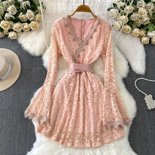 Flocked Lace V-Neck Dress With Diamond Embellishments