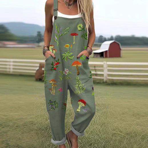 Women's Fresh And Sweet Digital Print Button Suspender Casual Pants