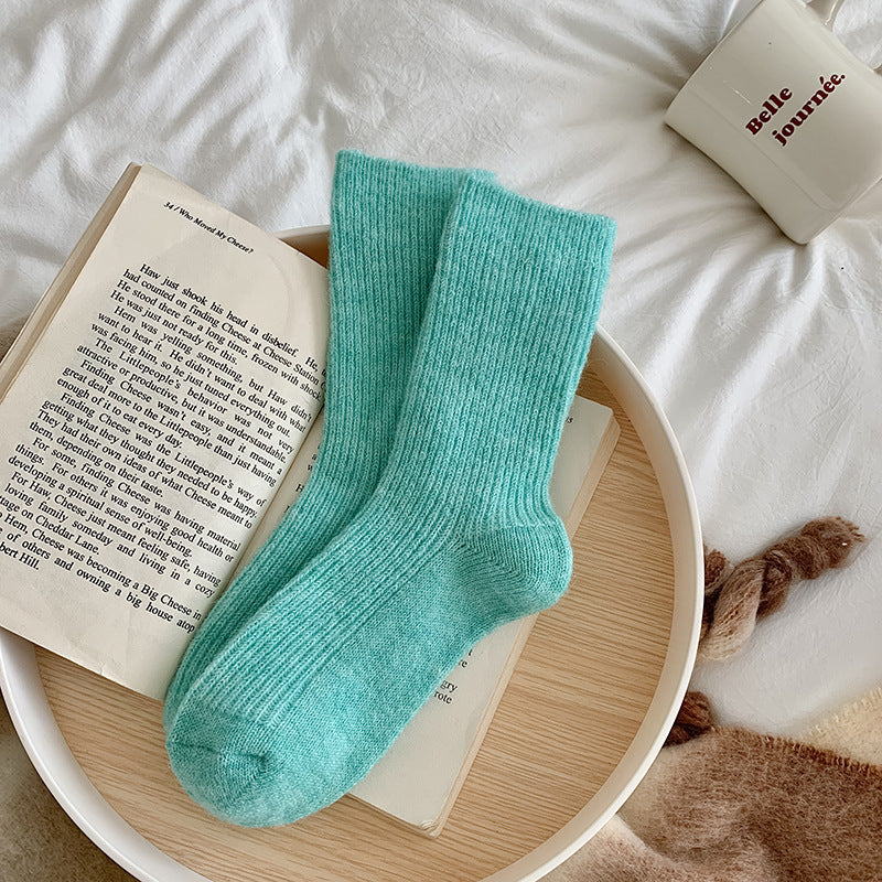 Solid-color, Fleece-lined, Extra-thick Warm Wool Socks For Women