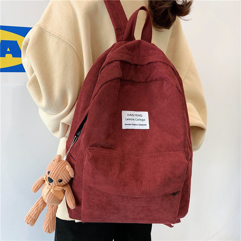 Versatile Simple Corduroy Backpack With Double Shoulders And Large Capacity