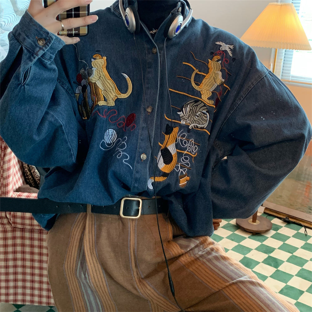 Women's Cat Embroidered Retro Denim Shirt Coat