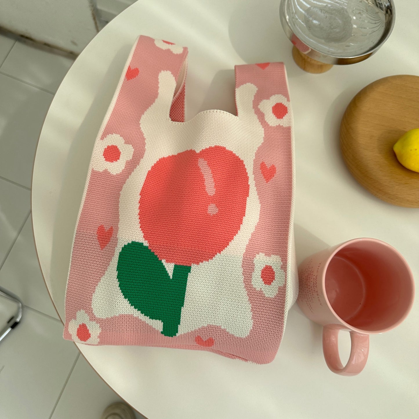 Spring Tulip Knitted Bags Contrast Color And Versatile Hand Carrying