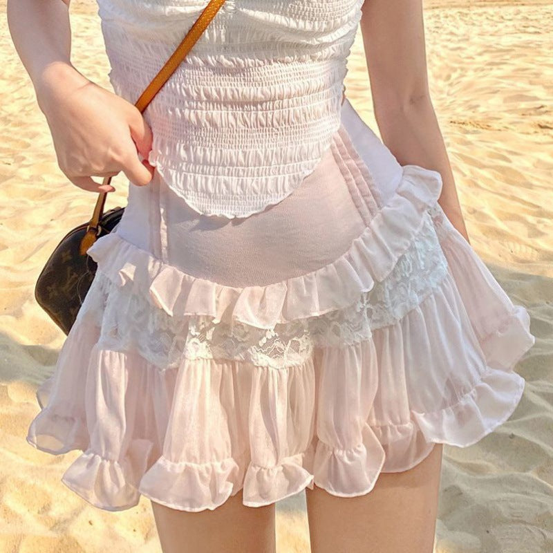 Sød Piget Lolita Højtaljet Slankende Flæse Chiffon Blonde Nederdel