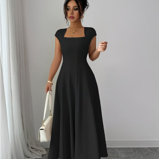 Square-neck Waist-cinched, Flared A-line Midi Dress With Short Sleeves