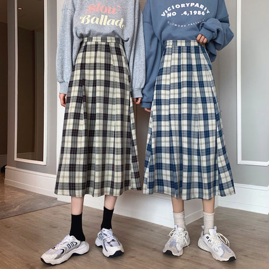 Women's High Waist Plaid Versatile Student Skirt