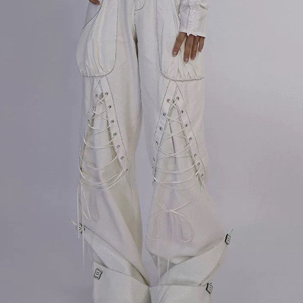 Asian Culture White Heavy Industry Double Waist Head Curling Overalls