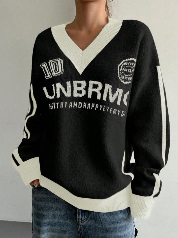 Hot Girl Loose Preppy Style Casual Contrast Color Lazy Sweater