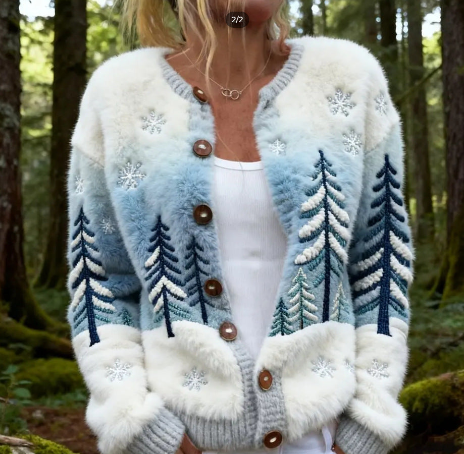 Knitted Cardigan Sweater Coat In A Snowman Style Short Length Single Breasted With A Crew Neck