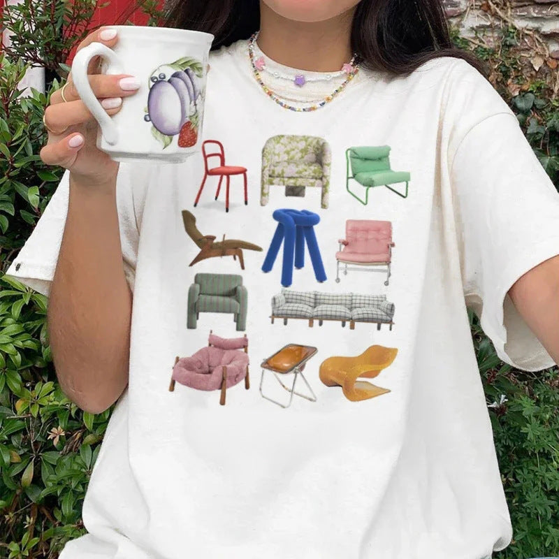 Europæisk og amerikansk retrotrykt udenrigshandel T-shirt sød ensfarvet